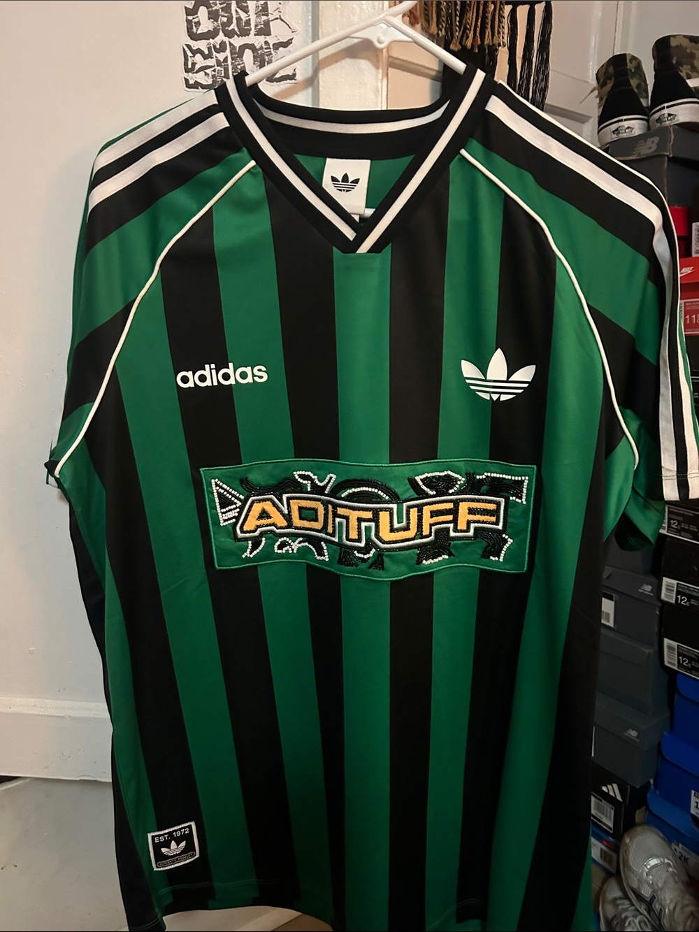 adidas Green & Black Vertical Stripe Soccer Jersey with Center Patch
